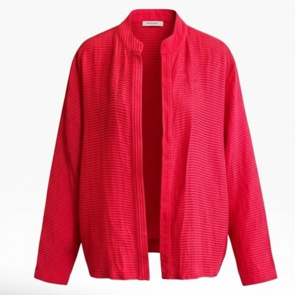Chico's Red 100% Silk Pleated Open Front Cardigan Jacket Mock Neck 3/XL #365B